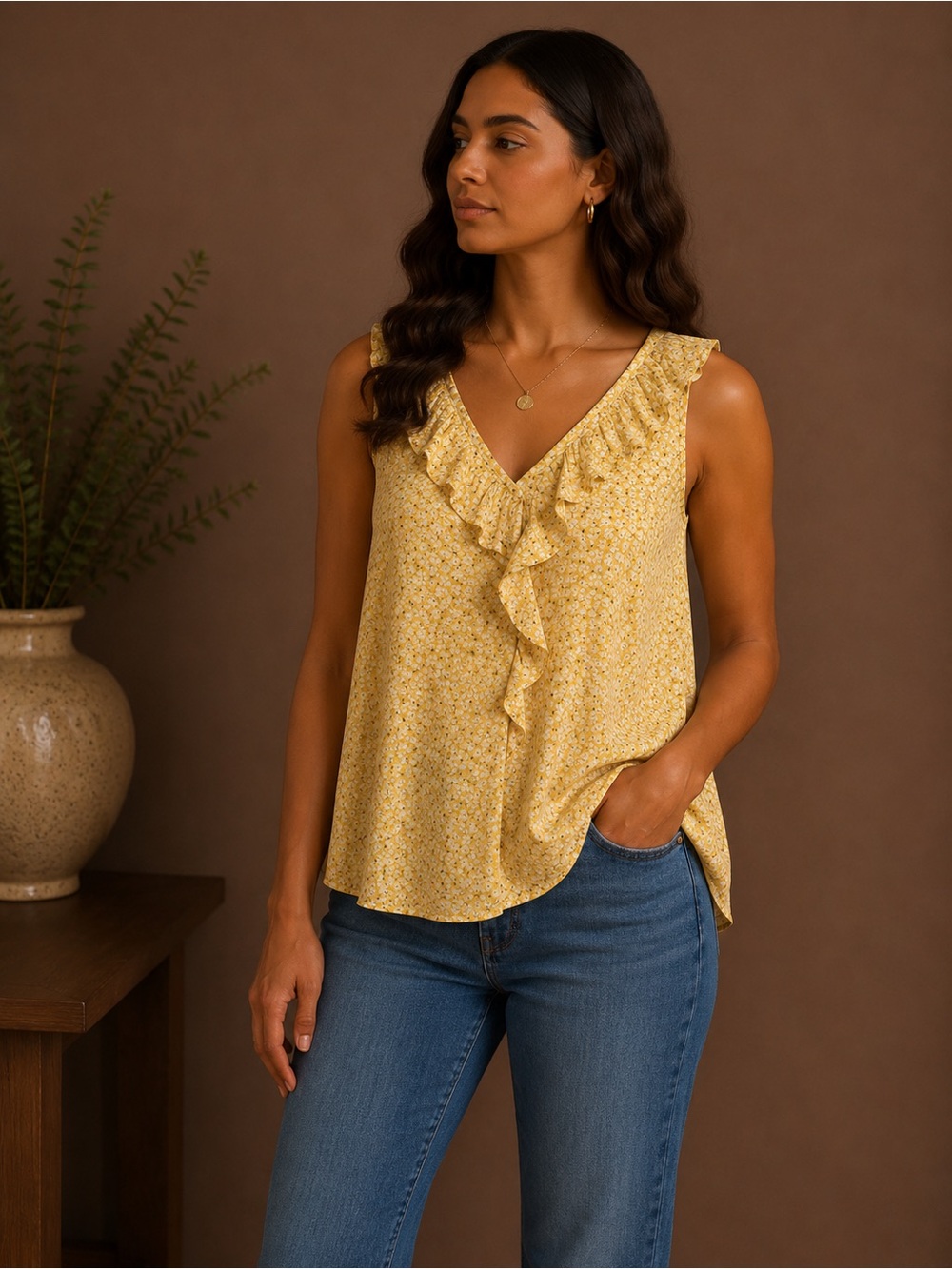 LC Lauren Conrad Yellow Floral Sleeveless Top